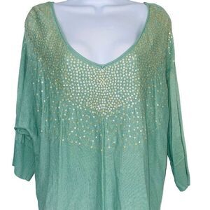 Elle Womens Sweater Size L Green 3/4 Sleeve V Neck Sequins